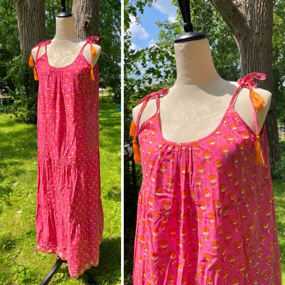 NWT! SLV Sur La Vague Tie Shoulder Cotton Tiered Maxi Dress in Mimosa